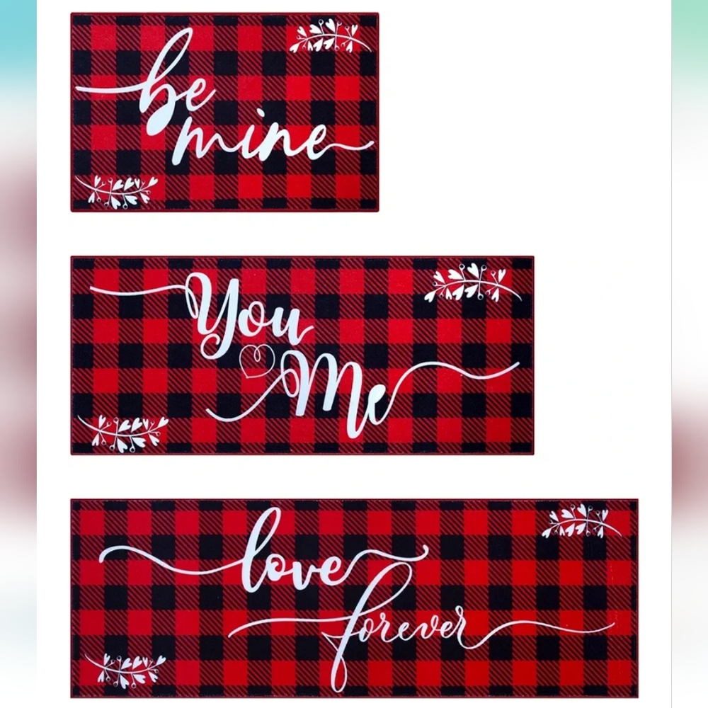 Red and Black Plaid 3PC Kitchen Valentine Mats Set -NWOB